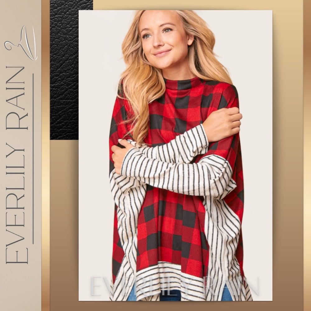 Plaid & Striped Poncho Style Sweater - Picture 5 of 12
